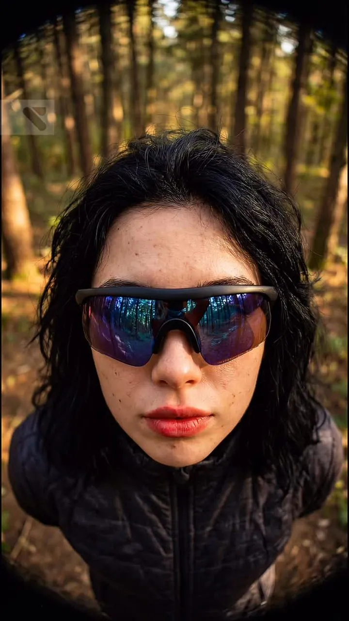 Ragazza nel bosco con gli occhiali audio RYON VibeFlow neri e lenti specchiate