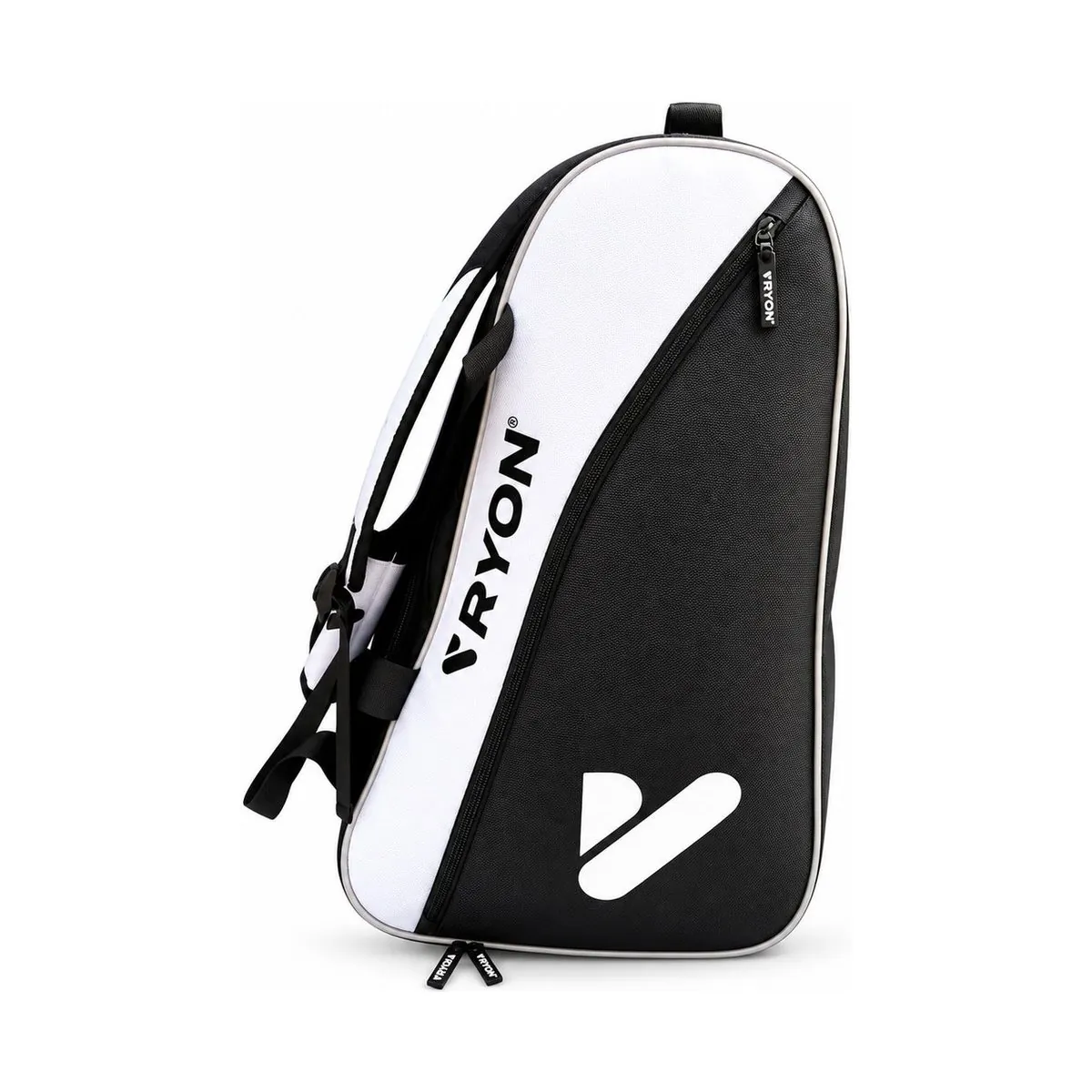 Borsa padel RYON Ace bianca e nera vista di profilo, con tasca frontale con zip e logo V RYON