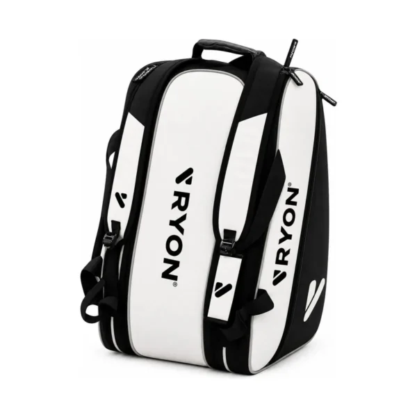 Borsa padel RYON Ace bianca vista di tre quarti dal retro, con spallacci da zaino
