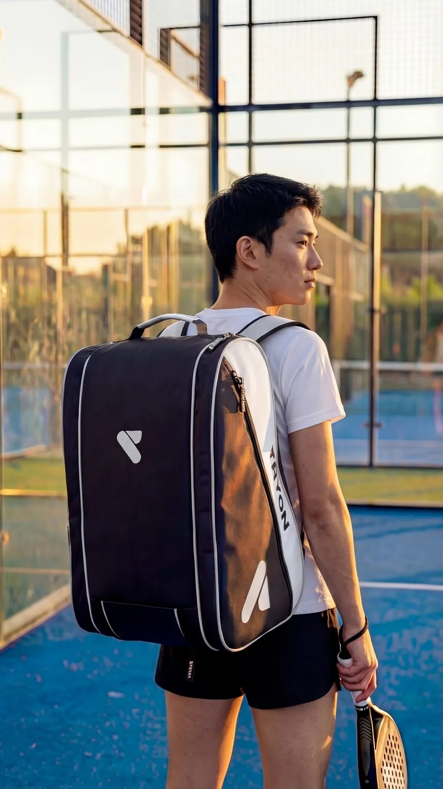 Borsa padel RYON Ace bianca e nera indossata come zaino, vista da dietro, in campo al tramonto