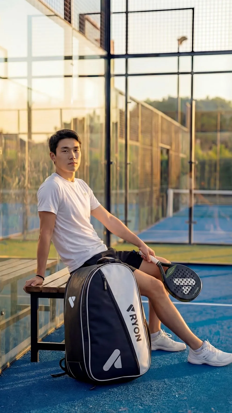 Ragazzo seduto in campo da padel con la borsa RYON Ace bianca e nera e la racchetta
