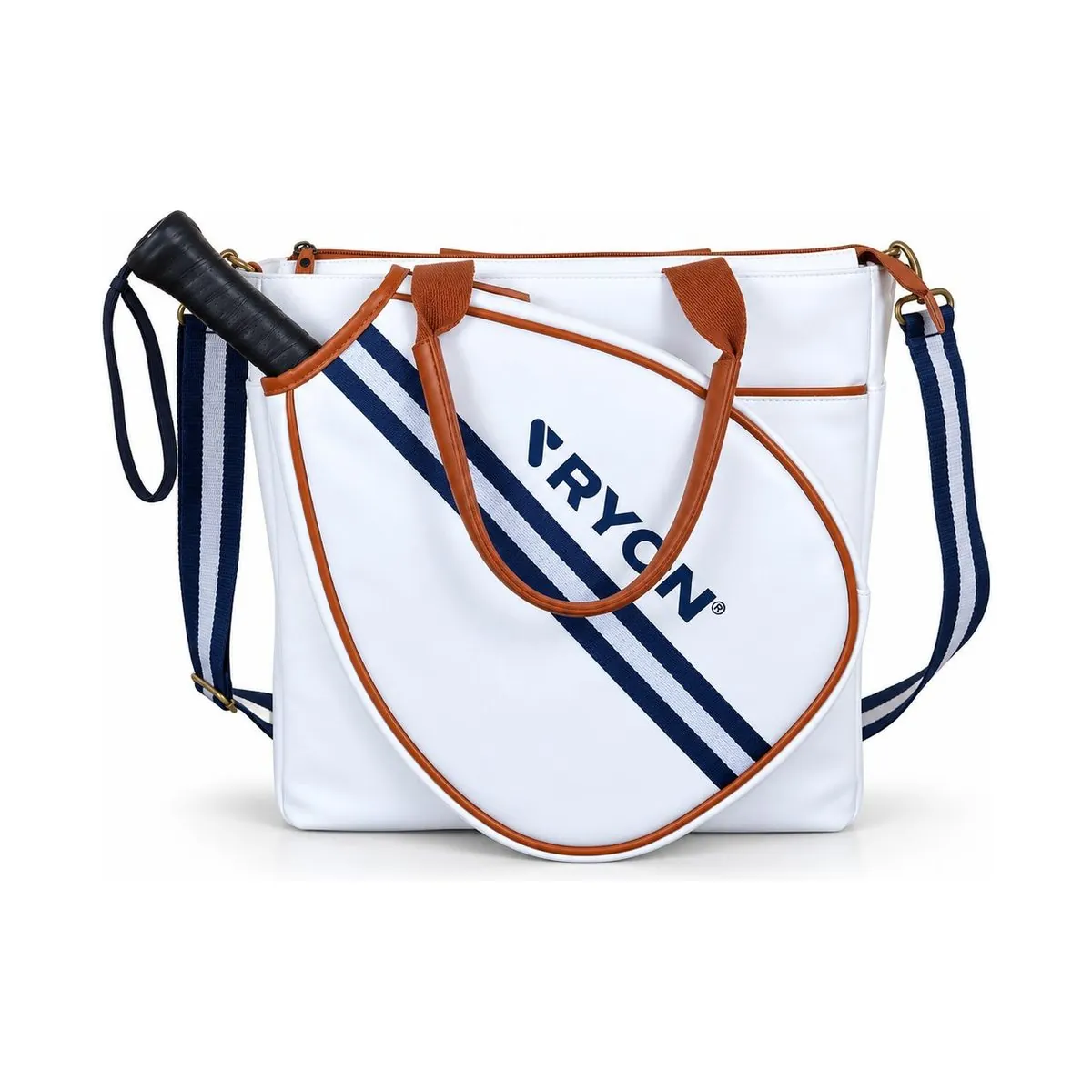 Borsa RYON Loba bianca con racchetta da padel inserita, manici color cuoio e tracolla a righe