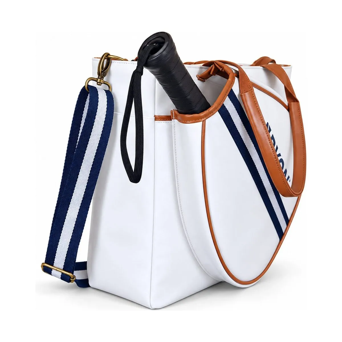 Borsa padel RYON Loba bianca vista di tre quarti, con racchetta e tracolla a righe blu e bianche