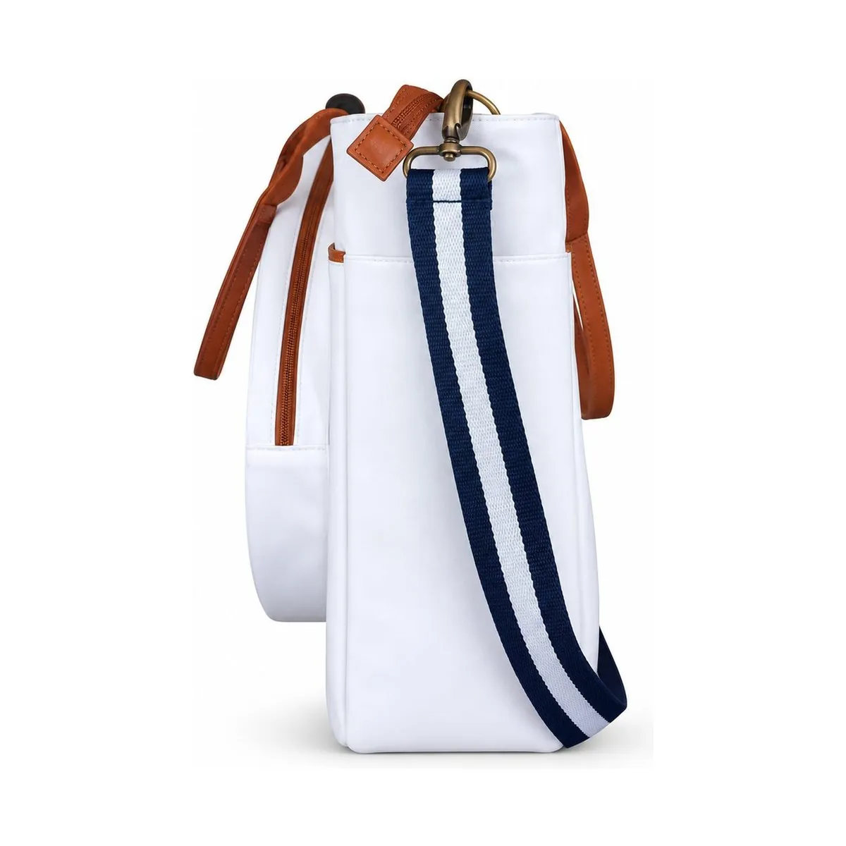 Borsa RYON Loba bianca vista di lato, con tracolla a righe blu e bianche in stile vintage