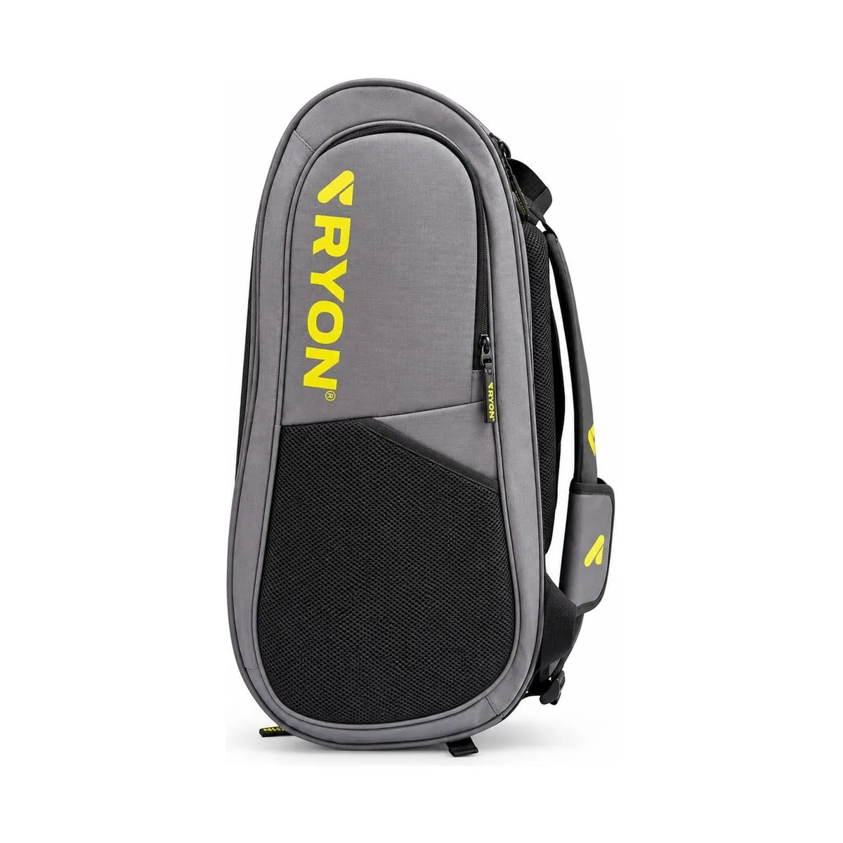 Zaino padel RYON Smash grigio vista di profilo, con tasca in rete e logo RYON giallo