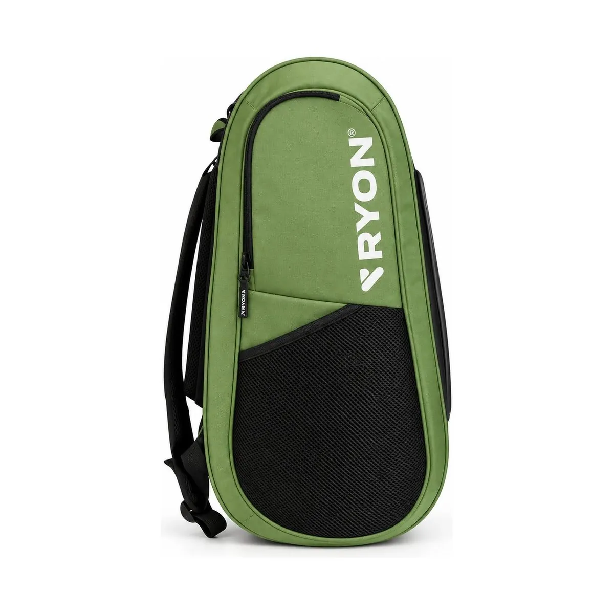 Zaino padel RYON Smash verde vista di profilo, con tasca in rete e logo RYON