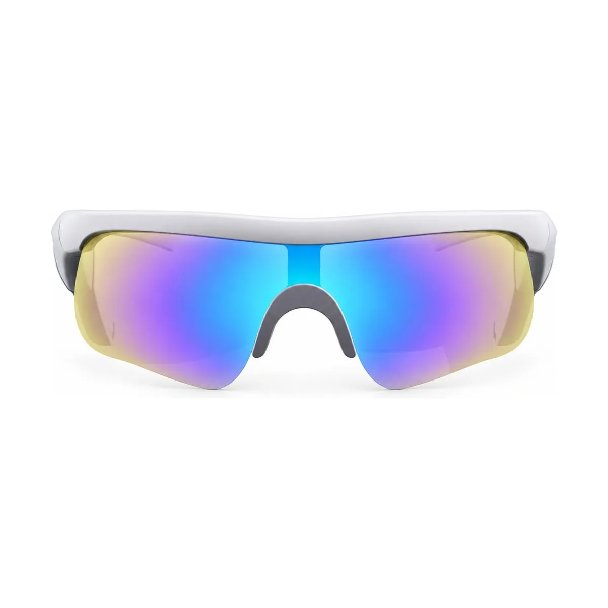 Occhiali audio sportivi RYON VibeFlow bianchi visti di fronte, con lenti polarizzate specchiate